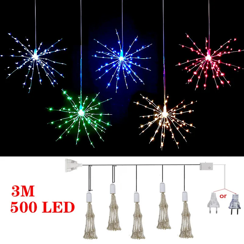 500 LEDs Dandelion Firework Lights 3M Christmas Garland String Fairy Lights for Xmas Pop Year Home Bedroom Window Decor Lighting