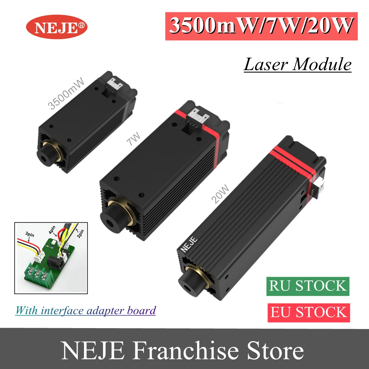 

NEJE 20W/7W/3500mW Laser Module Head 450nm/405nm Blue Light for Laser Engraving Machine DIY Creation Wood Marking Cutting Tool