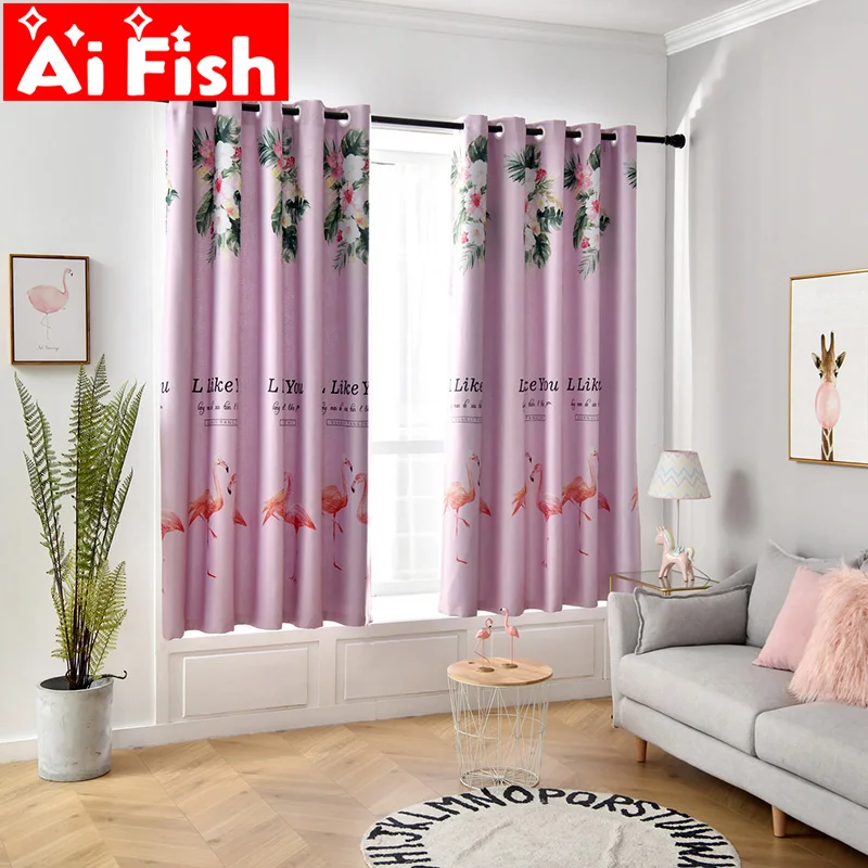 Короткие занавески в Корейском стиле для спальни розовые затемненные с Фламинго