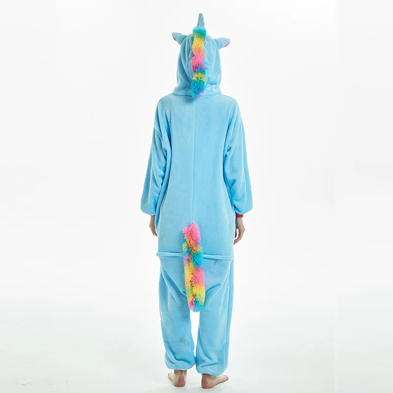 Blue Pegasus Women Pajama Suit Kigurumis Animal Unicorn Onesie Homewear Colorful Tail Sleepwear Flannel Adult Pijamas Party