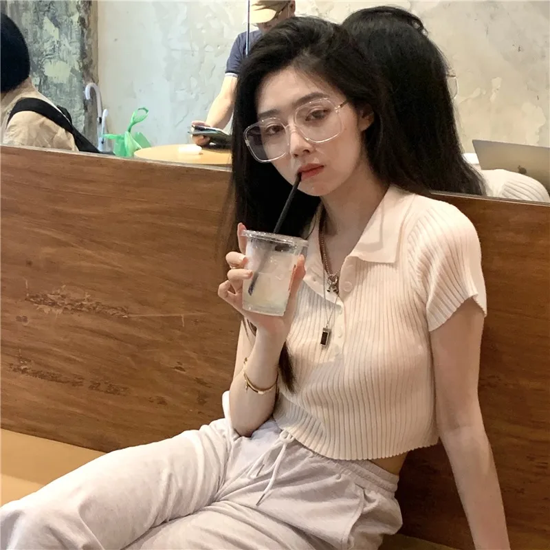 Свитер с коротким рукавом и воротником-поло Женский на весну/лето в западном