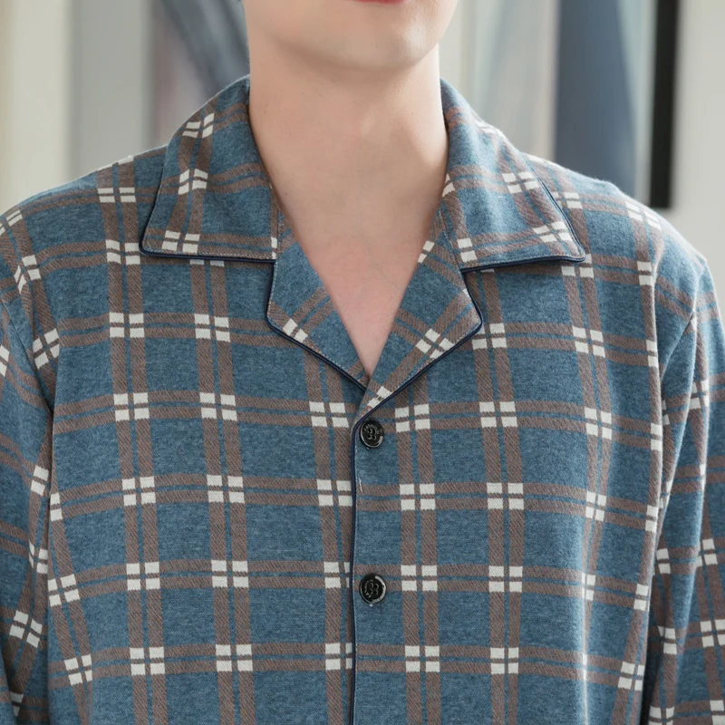 New Spring 100%Cotton Men Pajamas Set Striped Pijamas Long Tops+Long Pants Two Pieces Set Men's Pyjamas Plus Size Male Nightwear