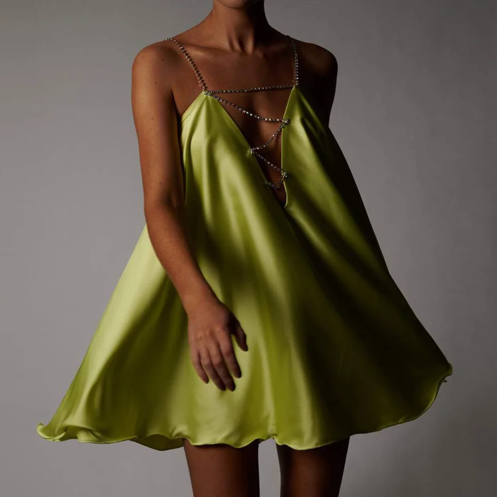 

High Quality Dresses for Women 2021 Chain satin dress Y2K Low Back Swing Dress Crystal Straps Sexy Celebrity Party Club Dresses