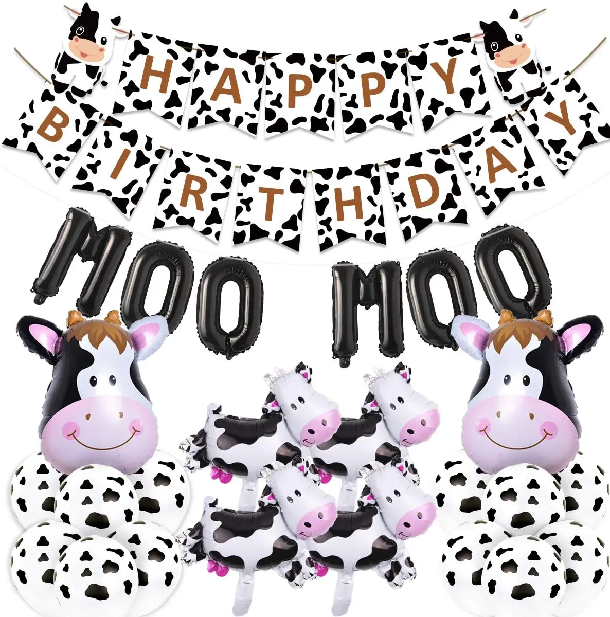 

Baby Cow Print Aluminium Foil Ballons and Happy Birthday Banner for Kids Animal First Birthday Party Decorations