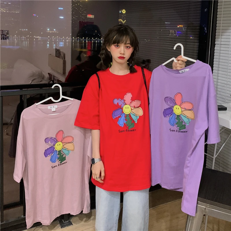 

Yedinas Sunflower Print T Shirt Women Summer Japanese Style T-shirt Female Aesthetics Tops Oversized Streetwear Tee Shirt Cotton