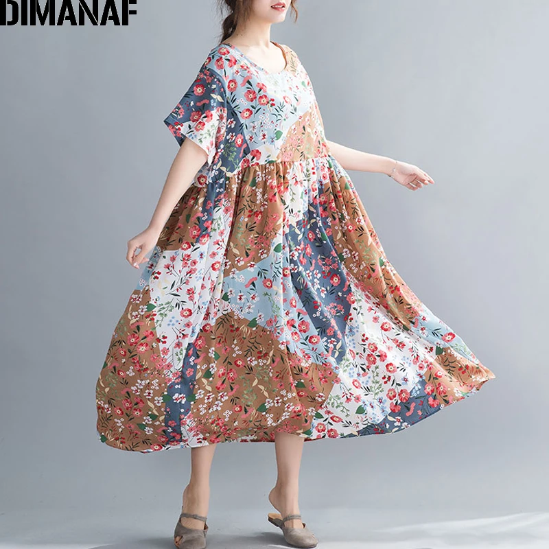 

Женский пляжный сарафан с цветочным принтом DIMANAF, хлопковый Повседневный свободный сарафан большого размера для лета, 2020