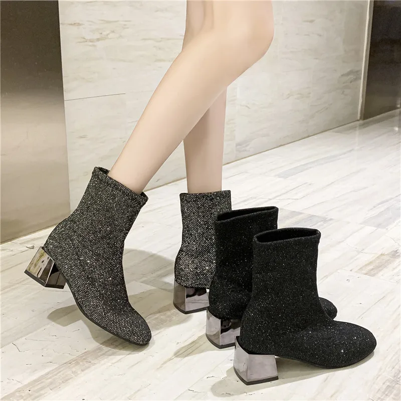 

New Crystal Bling Ankle Boots Fashion Women Boots Square Mid Heels Shoes Woman Autumn Winter Boots Female Sock Boots Plus Size