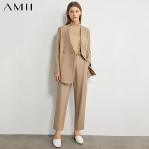 Минималистский весенний пиджак Amii, брюки, повседневный однотонный двубортный пиджак с V-образным вырезом, женские брюки с высокой талией, 12020227