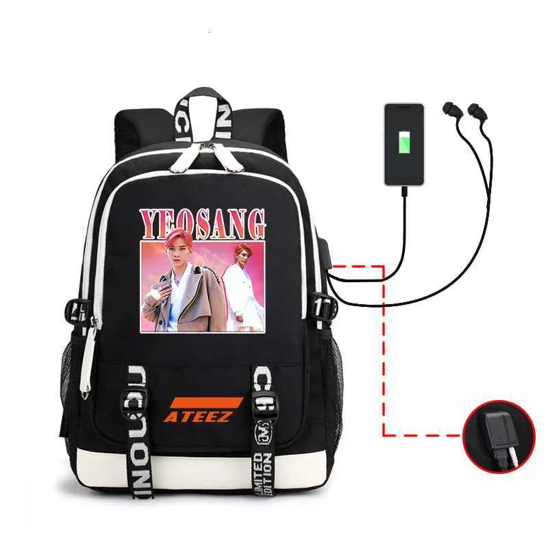 Kpop Ateez рюкзак периферийная сумка мужская и женская сумка на оба плеча Usb гарнитура линия компьютерная упаковка - Цвет: black yeosang