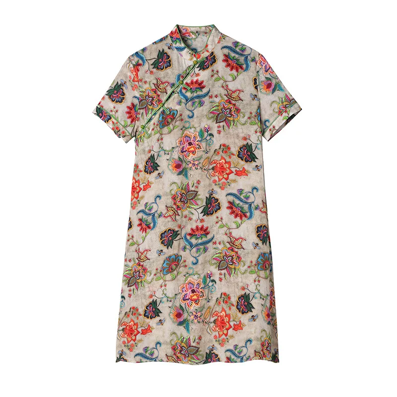 

19297 Mulberry Silk Summer New Female Retro Improved Chinese Style Cheongsam Printed Silk Dress