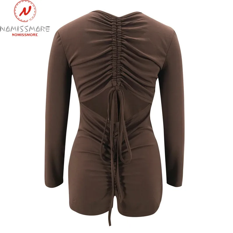 

Sexy Women Summer Playsuits for Streetwear Hollow Out Design Drawstring Shrinkage V-Neck Long Sleeve Solid Slim Hips Jumpsuits