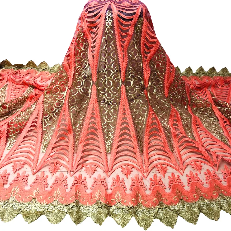 Водорастворимая персиковая + Золотая африканская гипюровая кружевная ткань с