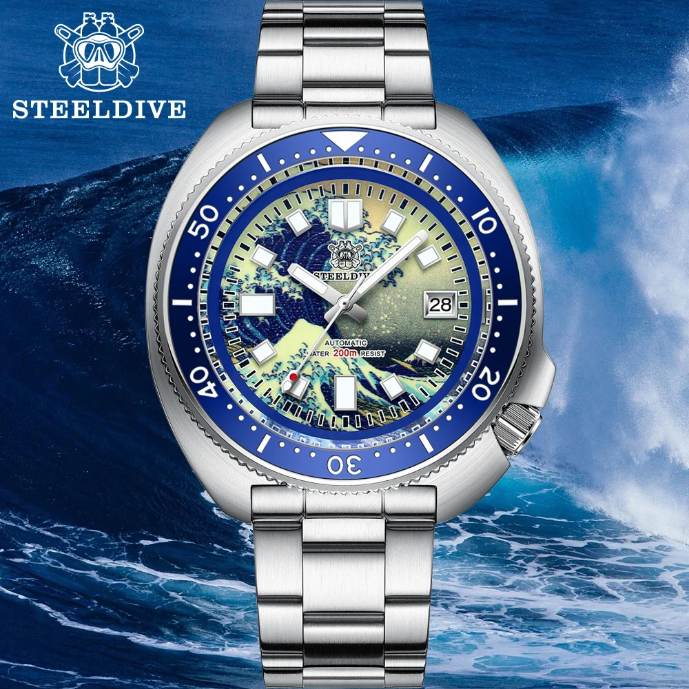 Автоматические часы для дайвинга STEELDIVE NH35 200 м сапфировые Kanagawa серфинга 3D