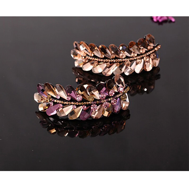 

Buena Popular Large Size Leaf Shaped Hair Clips Colorful Crystal Hair Accessories Women Leaf Hair Barrette Clips