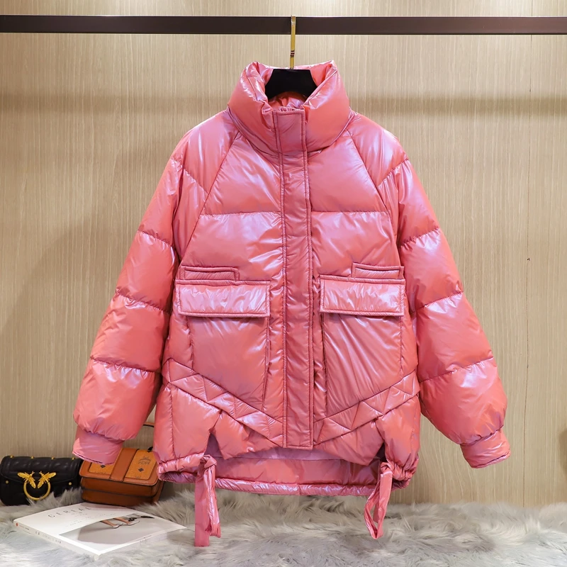 

FMFSSOM New Winter Stand Collar Women Loose 90% White Duck Down Parkas Thickness Warm Bright Color Down Coat Female Snow Outwear