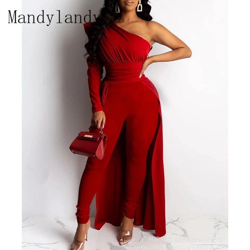 

Mandylandy Summer One Shoulder Puff Sleeve High Waist Off Shoulder Pencil Jumpsuits Women's Slim Solid Color Stitching Jumpsuits