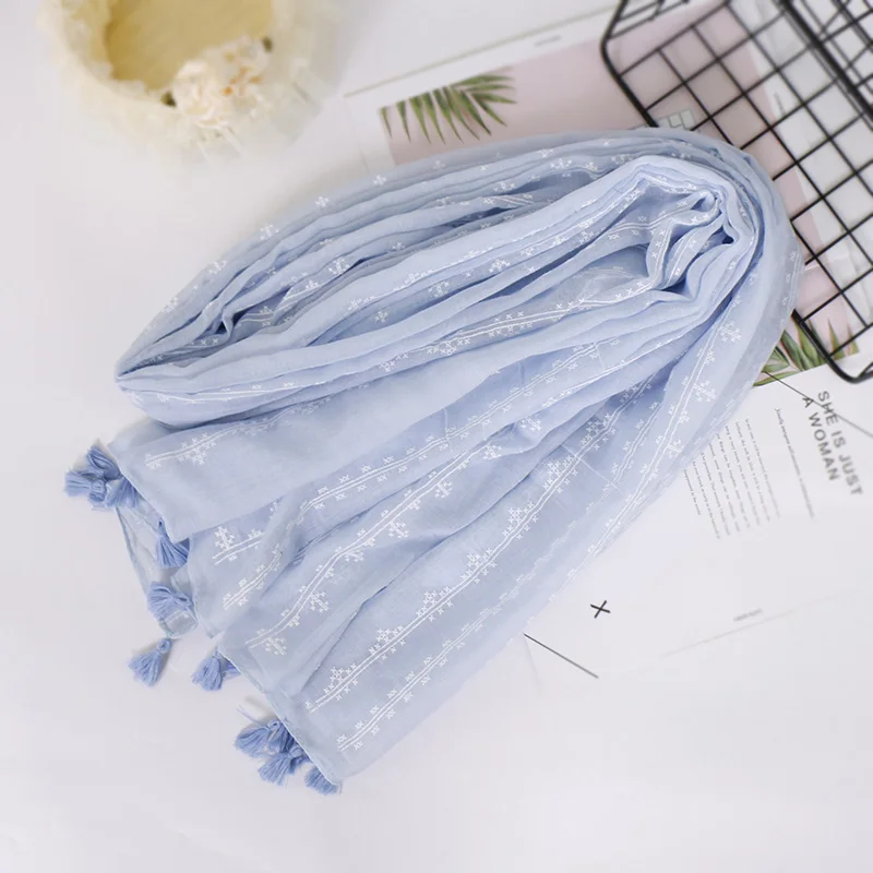 Вышитый хлопковый шарф-шаль с бахромой, вискозный хиджаб от индийских гладких хлопковых шарфов и оберточных платков, фуляр, сяль, мусульманский бандана.