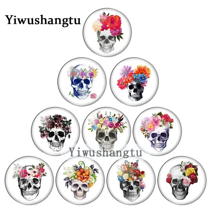 

Художественная роспись скелетом, Цветочная головка, 10 мм/12 мм/18 мм/20 мм/25 мм, круглые стеклянные кабошоны для фото, демонстрация плоской спины, фурнитура ZB0543