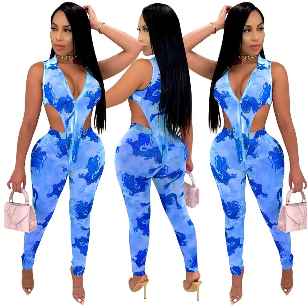 

Hot Selling Digital Printing Women Jumpsuit Lapel Neck Sleeveless Zipper Waist Hollow Out High Waist Leggings Outfits Nightclub