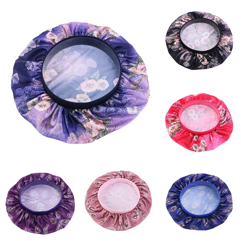 

1Pcs Muslim Stretch Bronzing Night Cap Women Silk Head Cover Floral Printing Wide-brimmed Round Cap Beanies Hats Bonnet Femme