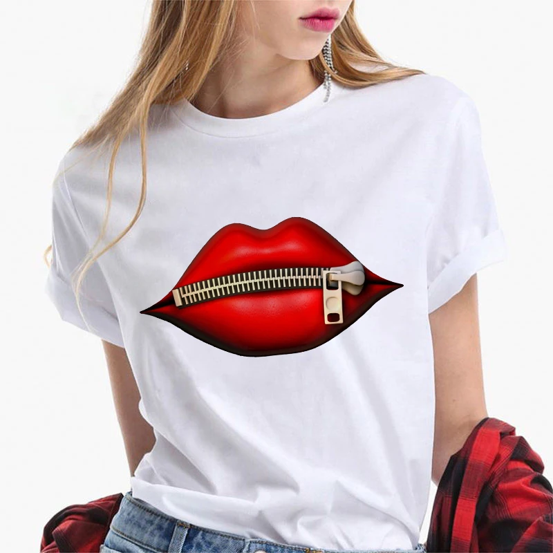 

Camiseta Tee Shirts Female tshirt Sequins Red Lip T-Shirt Women Casual Short Sleeves Creativity Zipper Lips T-Shirt Women