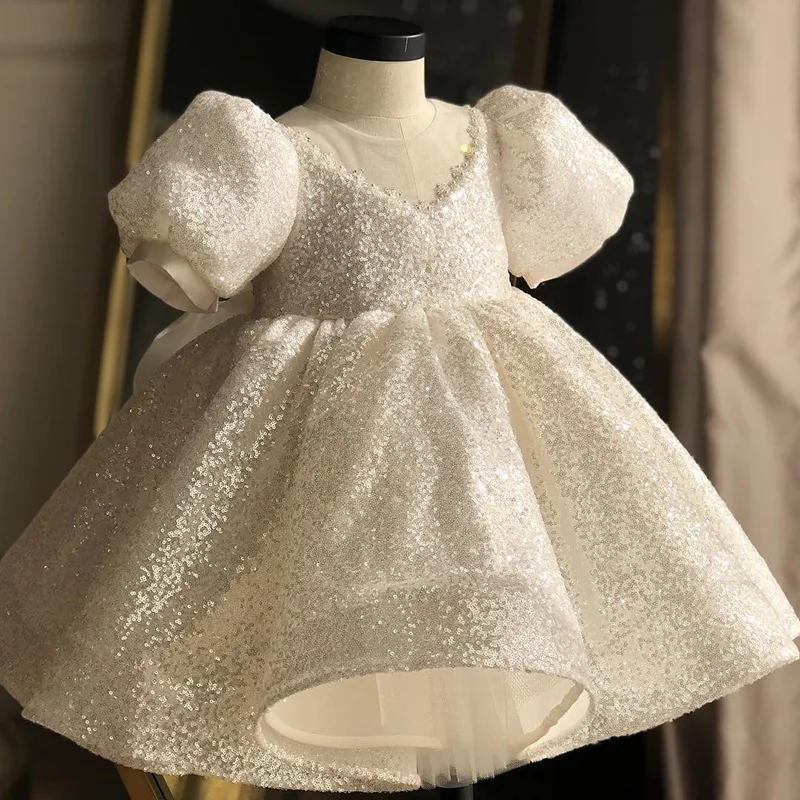 white Sequin Girl Dress Baptismal dress for infant elegant Party Girls Dresses Big bow tutu princess Wedding Baby | Детская одежда и
