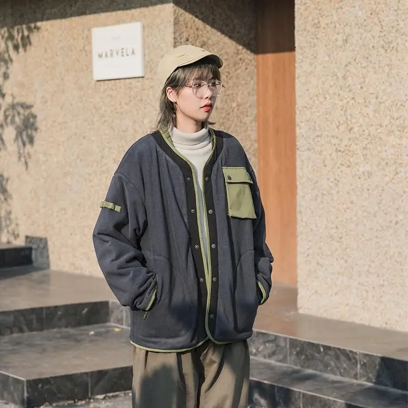 

Fonekie японские Ретро меховые куртки из овечьей шерсти, Polar флисовая оснастка утолщенная бейсбольная униформа для мужчин и женщин, свободные дикие однобортные пальто