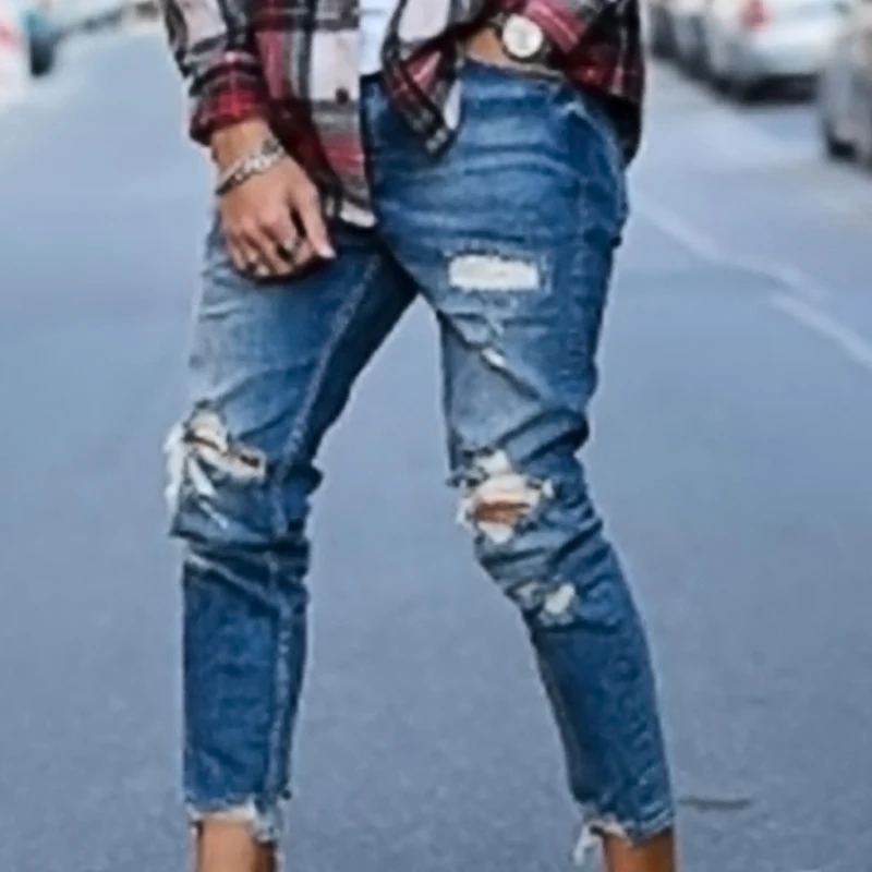 

NEW Mens Jeans Fashion Ripped Hole Denim Pants Big Size Men Distressed Pants Casual Solid Color Long Trousers Men Jeans Pants#3
