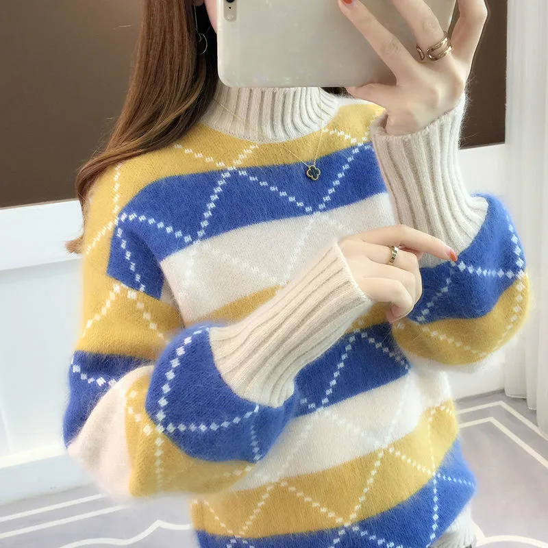 

Turtleneck Striped Pullover Sweaters Lovely Clothes Korean Autumn Winter News Loose Color Matching Knitted Sweater
