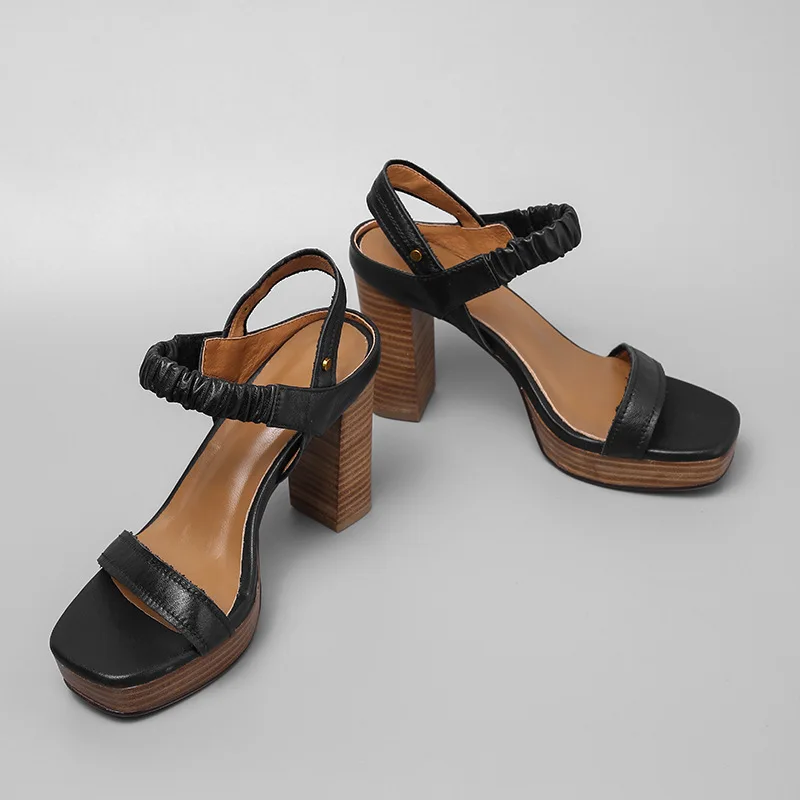 

National style thick heeled sandals leather 2020 new high heeled shoes with waterproof platform and waxed sheepskin women's