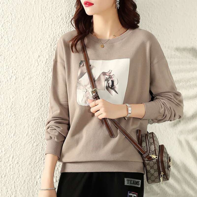 

Женский хлопковый пуловер с длинным рукавом, повседневный шикарный свитшот с круглым вырезом и принтом, осень 2021