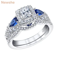 newshe 2pcs 100 solid 925 sterling silver wedding engagement rings for women princess cut blue pear aaaaa zircons bridal set