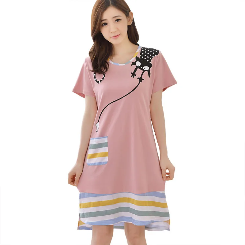 Korean Cotton Nightdress Women's Short Sleeve Summer Thin Medium Long Large Nightgown Sweet Lovely Home Wear Sleepwear