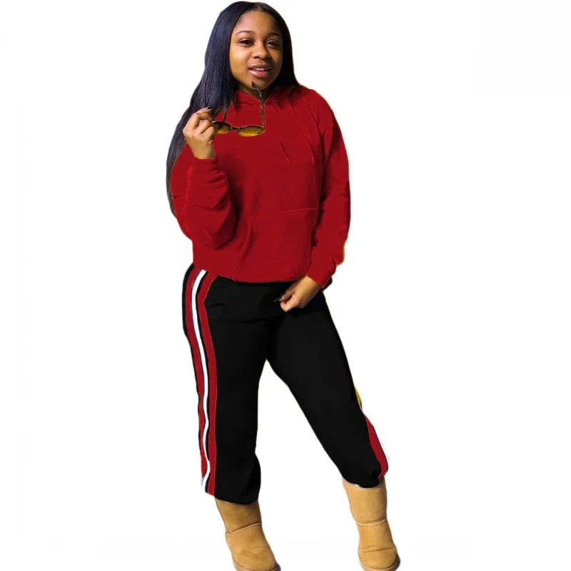 

Tracksuit Two Piece Women Set Pullover Hoodies Tops Outfits 2021 Winter New Side Striped Thick Streetwear Sweat Shirt Pant Suits