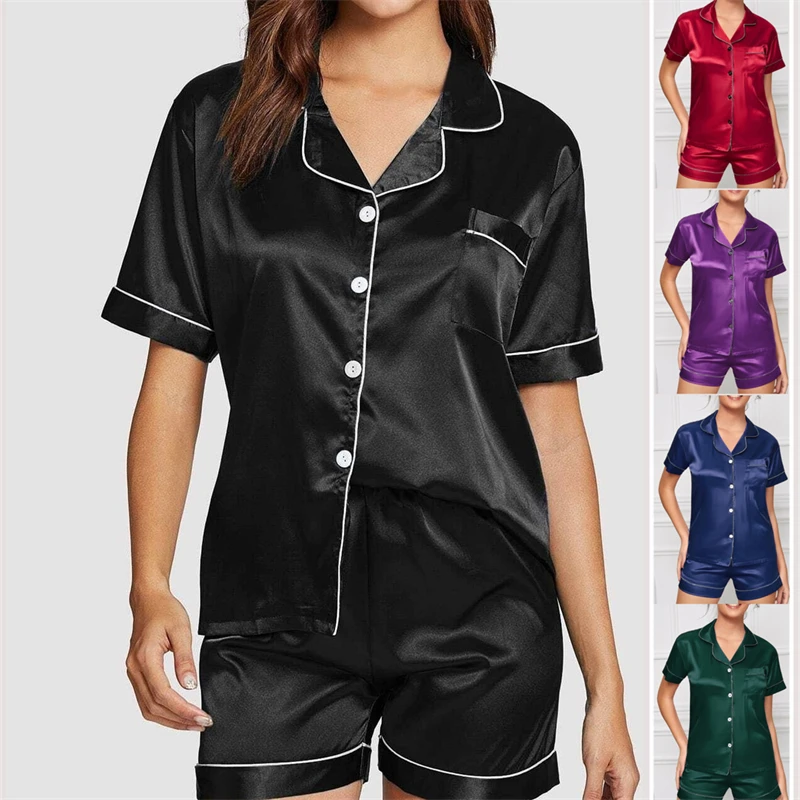 Womens Pajamas Short Sleeved Trousers Cardigan Pijama Summer Pyjama Set Ladies Ice Silk Nightgown Clothes Home Service Sleepwear