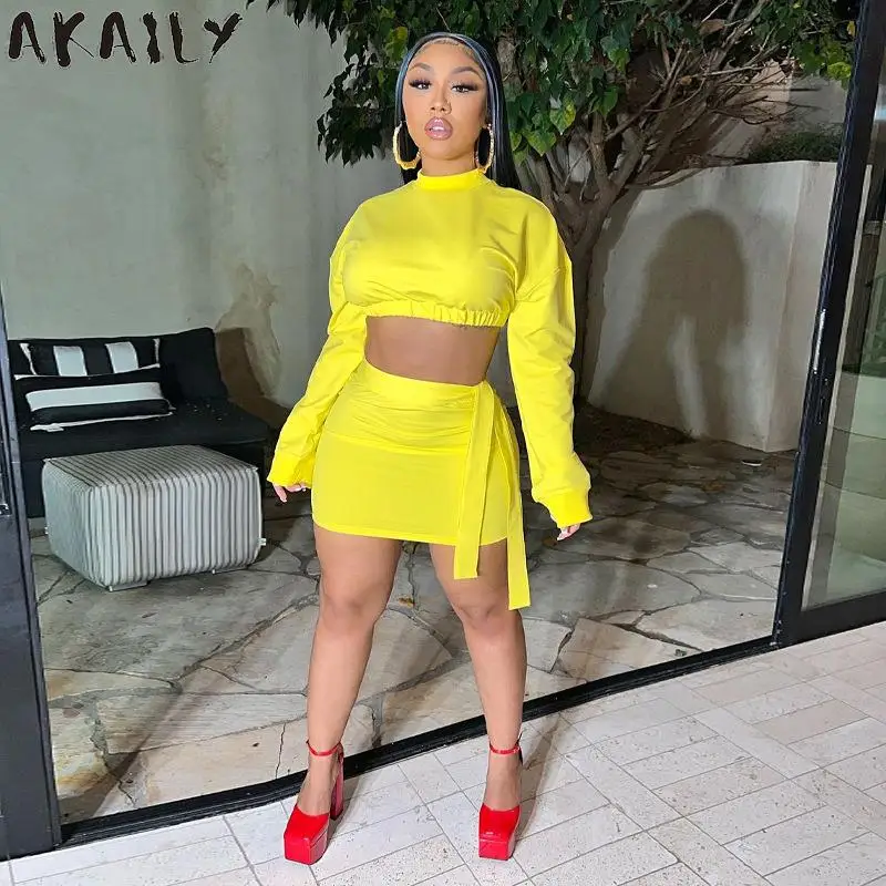 

Akaily, зимняя уличная юбка, комплект из двух предметов, Женская сексуальная одежда 2021, короткий топ с рукавом «Лон» и мини-платье на шнуровке, ж...