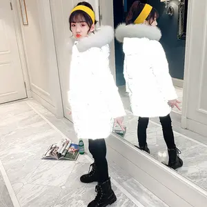 Зимний Детский Светильник-светоотражающий жилет с поясом для девочек, стеганый пуховик с натуральным мехом парки с капюшоном и с длинными Стиль пальто с принтом 4681012 13 лет