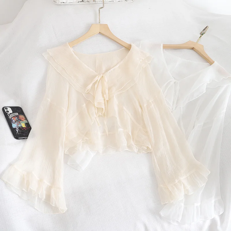 

4244 рубашка с кондиционированием воздуха в Корейском стиле [дамские примечания о дизайне] короткая шифоновая шаль с оборками рубашка пальто ...