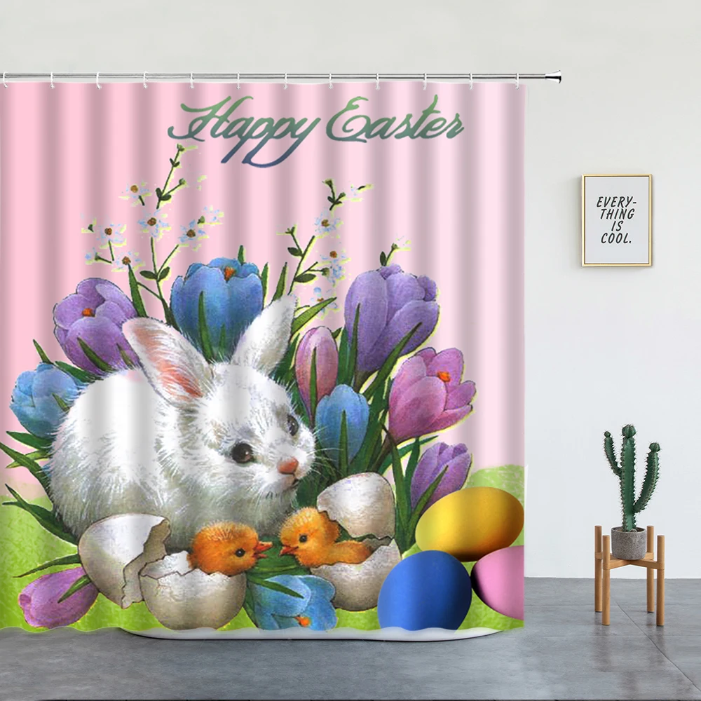 

Забавная Пасхальная занавеска для душа с кроликом, цветочные яйца, утка, Полиэстеровая ткань, пасхальный декор для ванной комнаты, занавеск...
