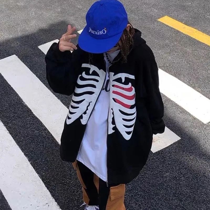 

Y2KROBE Streetwear Fairy Grunge Harajuku 2000s Coat Autumn Y2K Gothic Aesthetic Long Sleeve Skeleton Graphic Oversized Manteau