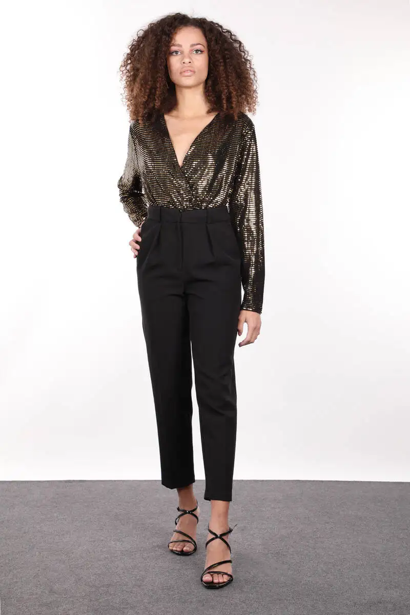 

Womens Gold Sequin Double Breasted Collar Bodysuit