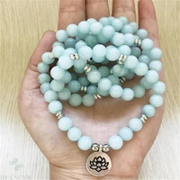 6mm aquamarine 108 bead lotus pendant stretch bracelet classic pray bless yoga cuff elegant wristband healing fancy spirituality