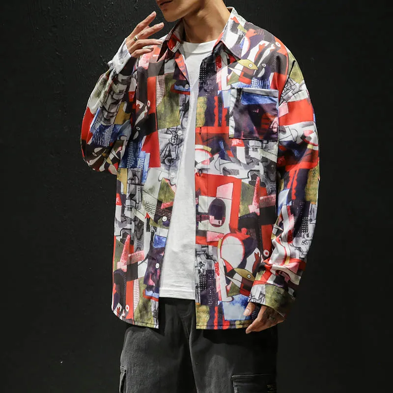 Рубашка мужская с длинным рукавом уличная одежда свободная блузка принтом