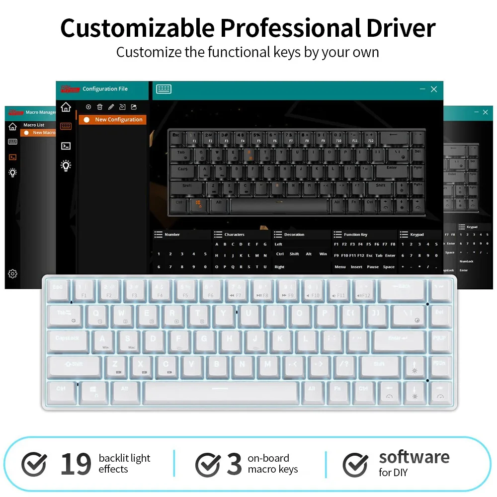 Двухрежимная клавиатура Royal Kludge RK855 BT и проводная белая подсветка 68 клавиш мини