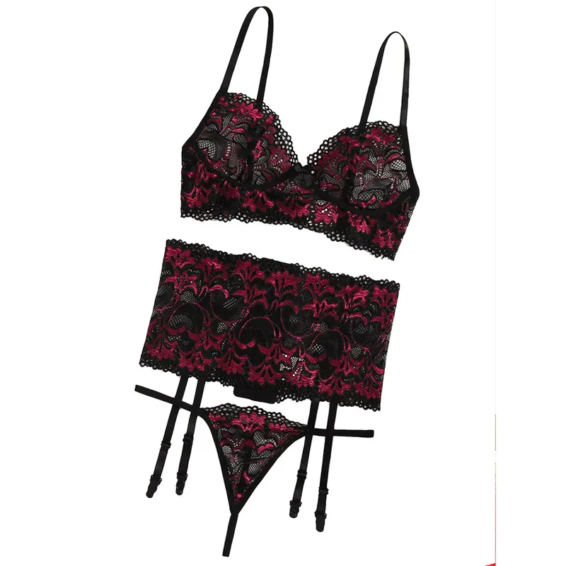 

CHRONSTYLESexy Women Lingerie Exotic Sets 3 Pieces Sexy Lace Mesh Yarn Flower Perspective Lingerie Bra Panty Garter Lace Night