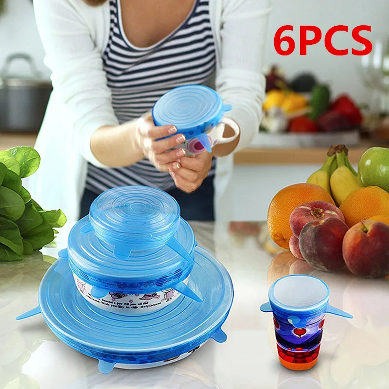 6 шт. многоразовая силиконовая эластичная кухонная крышка универсальная для