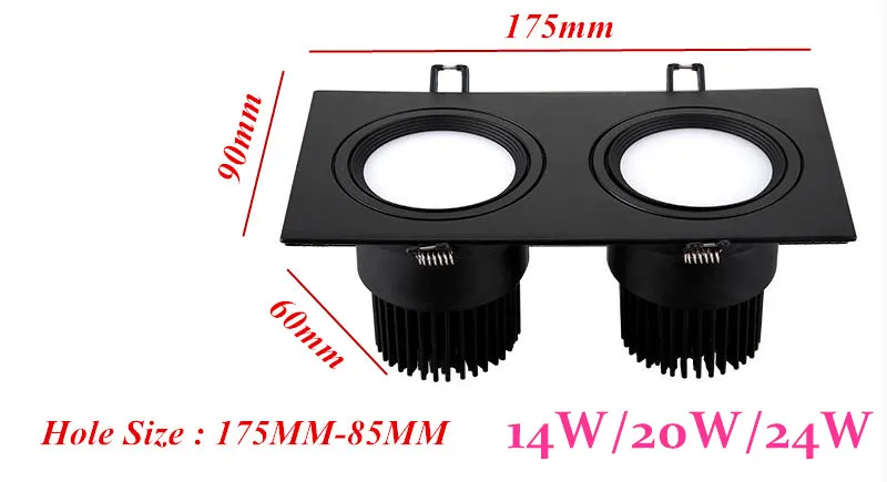 Doble LED empotrable cuadrado brillante, luz descendente regulable COB 14W 20W 24W, foco de luz LED para techo, CA 85- 265V con lente esmerilada