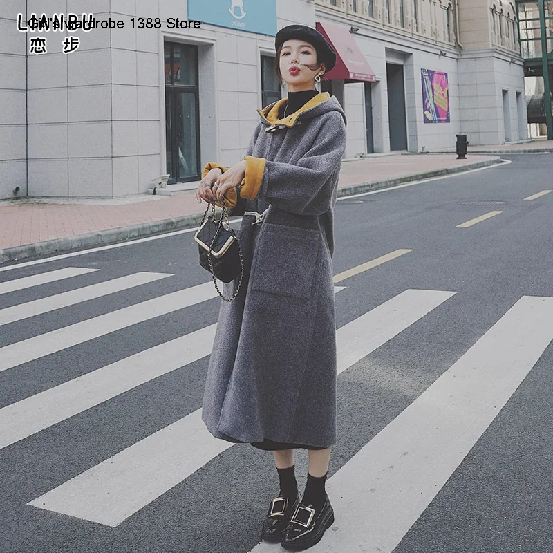 

Шерстяное пальто с капюшоном и пуговицами-рогами для женщин средней школы, длинное стильное шерстяное пальто выше колена для осени и зимы, н...