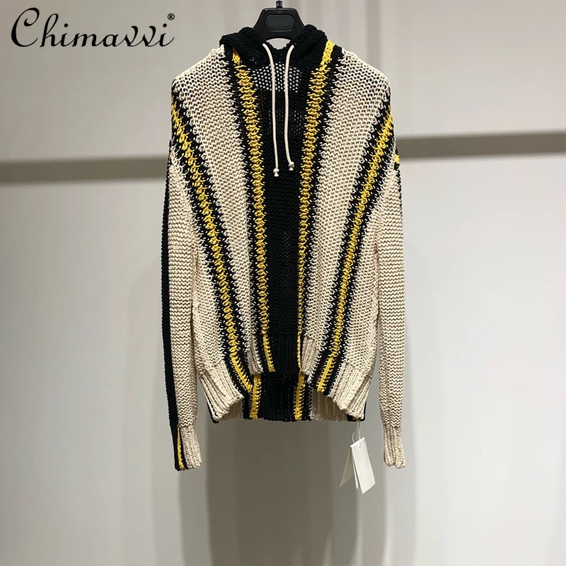 

Женский свитер в полоску, пуловер большого размера с капюшоном и длинным рукавом, в Корейском стиле, осень 2021