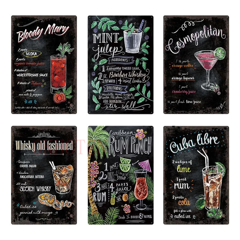 Cocktail Metal Posters Mojito Zombie Tin Sign Vintage Pub Plaque Wall Decor for Bar Club Man Cave Retro Iron Painting | Дом и сад